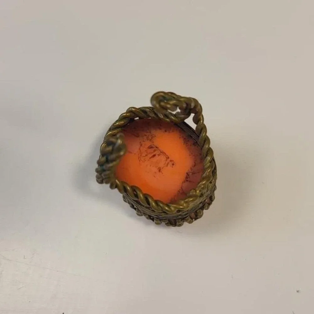 Vintage Boho Oval Huge Unique Coral Stone Ring Antique Brass Setting Adjustable